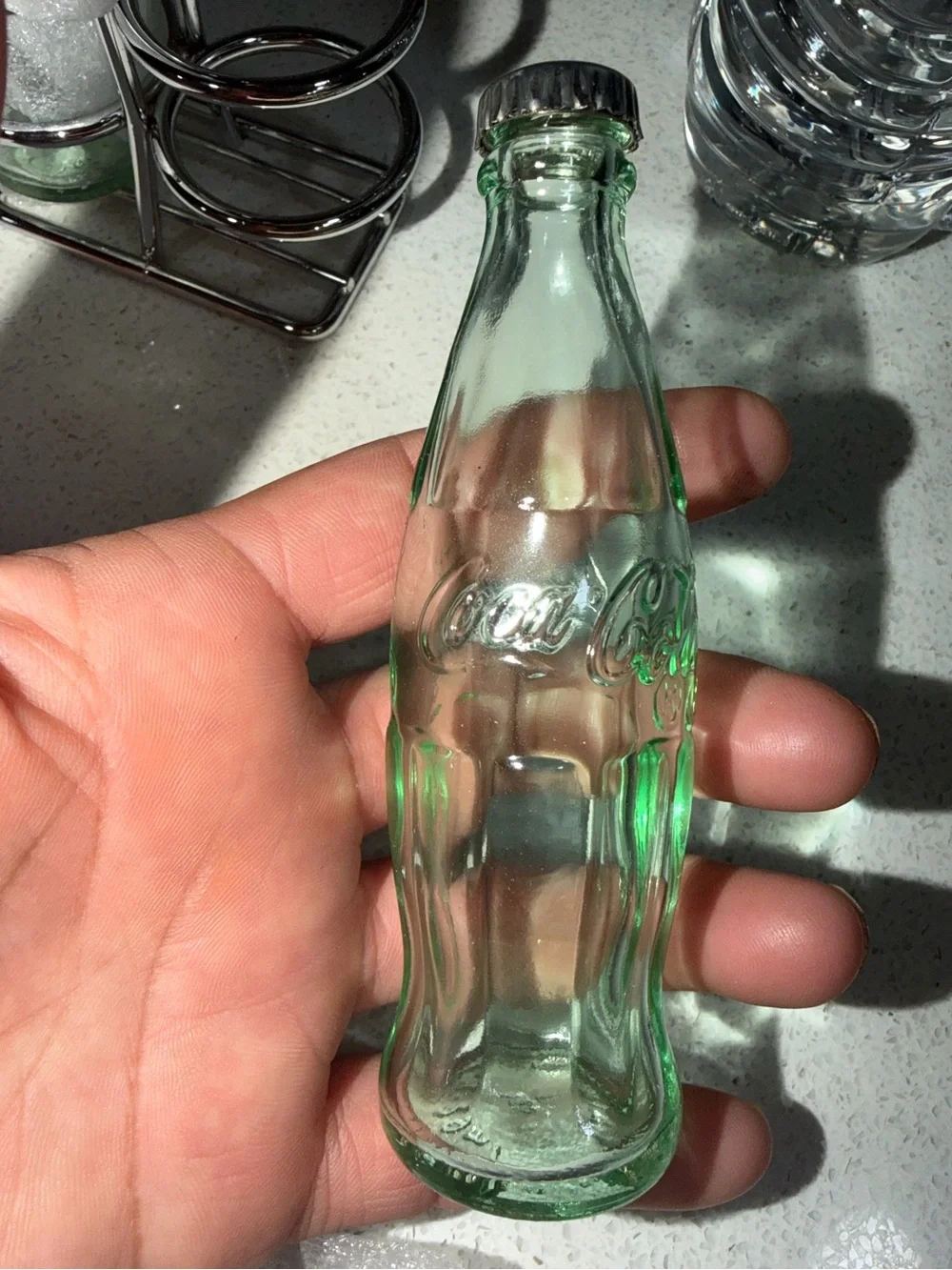 Coca Cola Green Glass Bottle Salt & Pepper Shakers with Chrome Rack